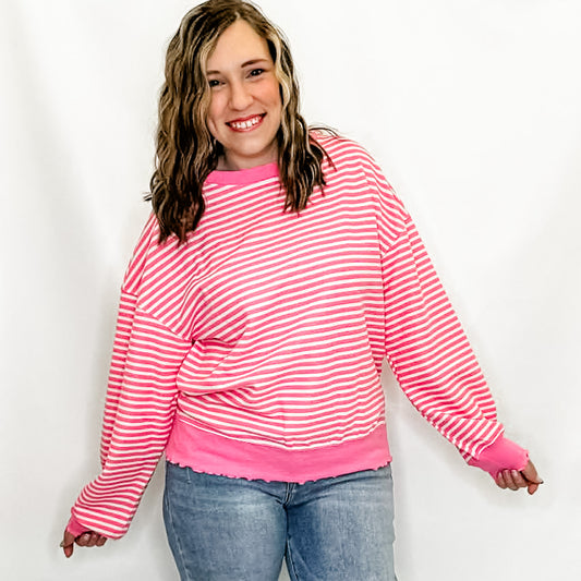 Pink Striped Textured Loose Fit Long Sleeve Top