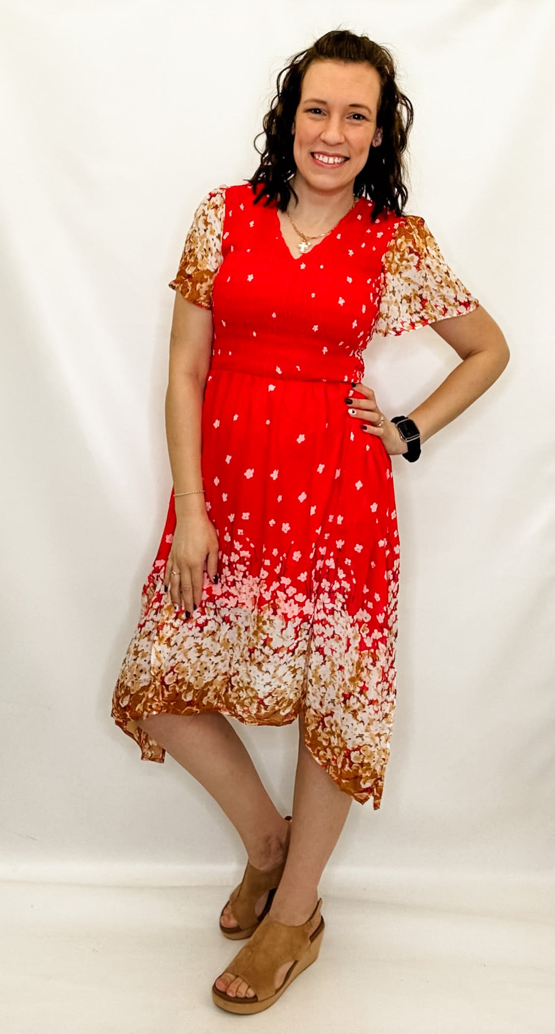 Coral Floral Print Smocked Dress with Lining