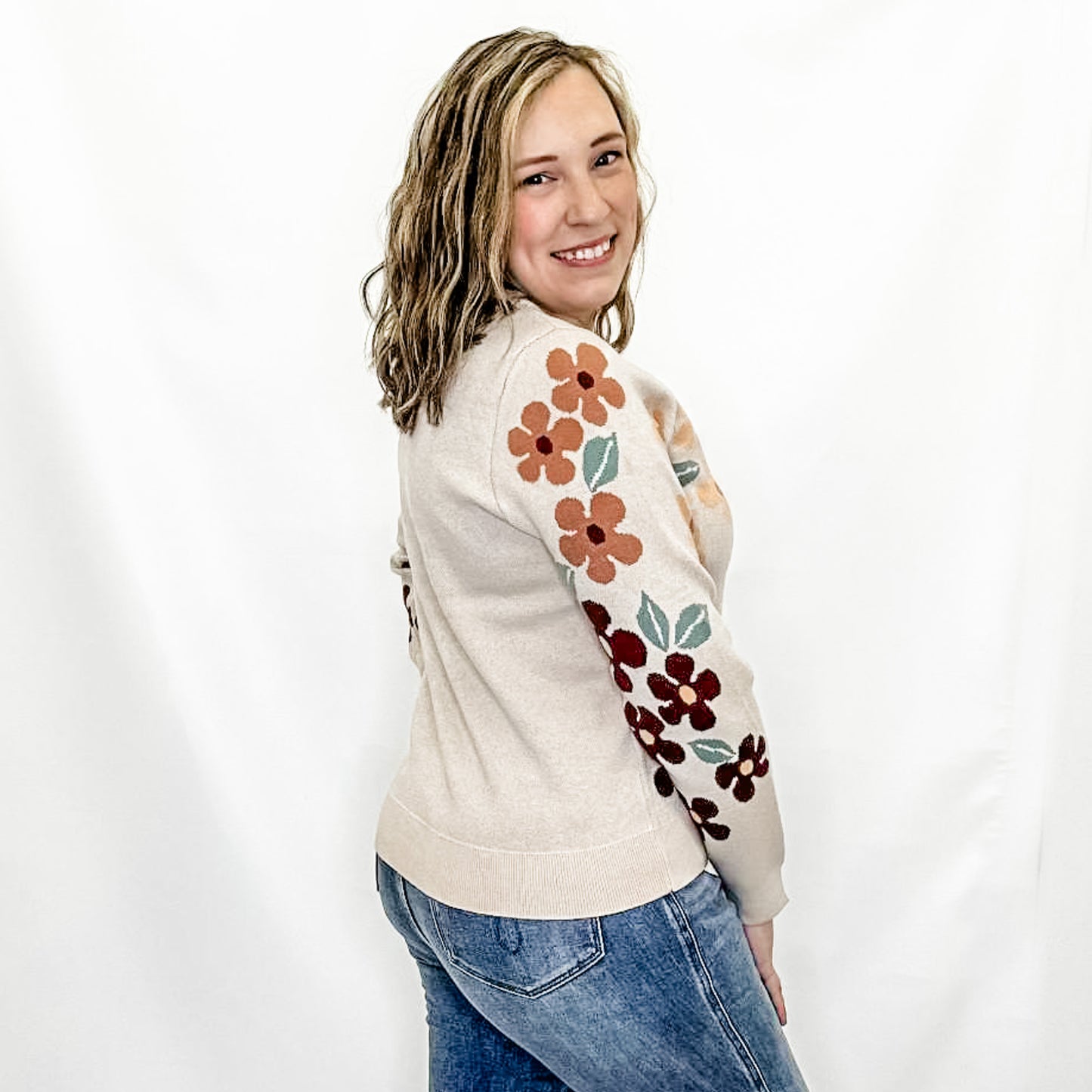 Beige Floral Jacquard Sweater