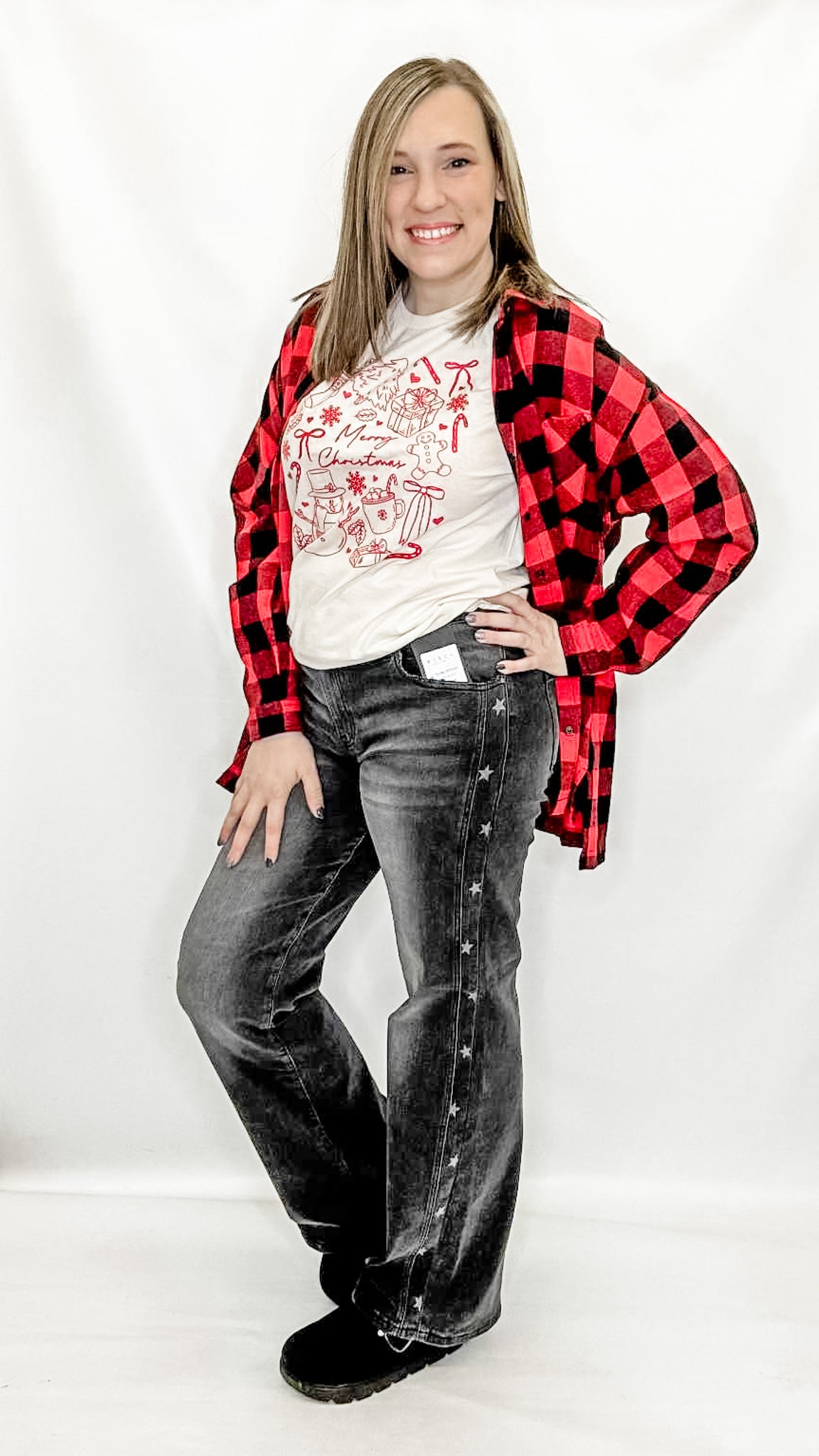 Risen Mid-Rise Straight, Star Print Detail Jeans - RDP5596