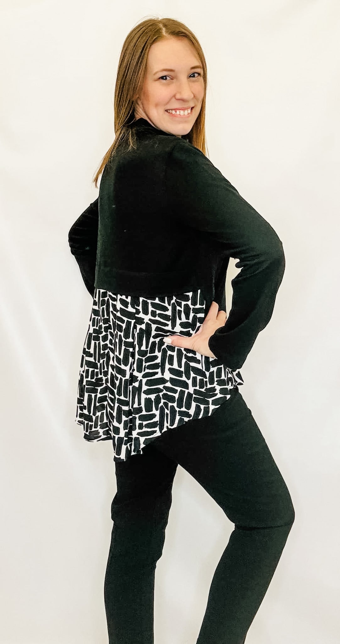 Multiples Black & White Cowl Neck with Layer