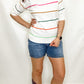 White & Colored Stripe Short Sleeve Knit Sweater