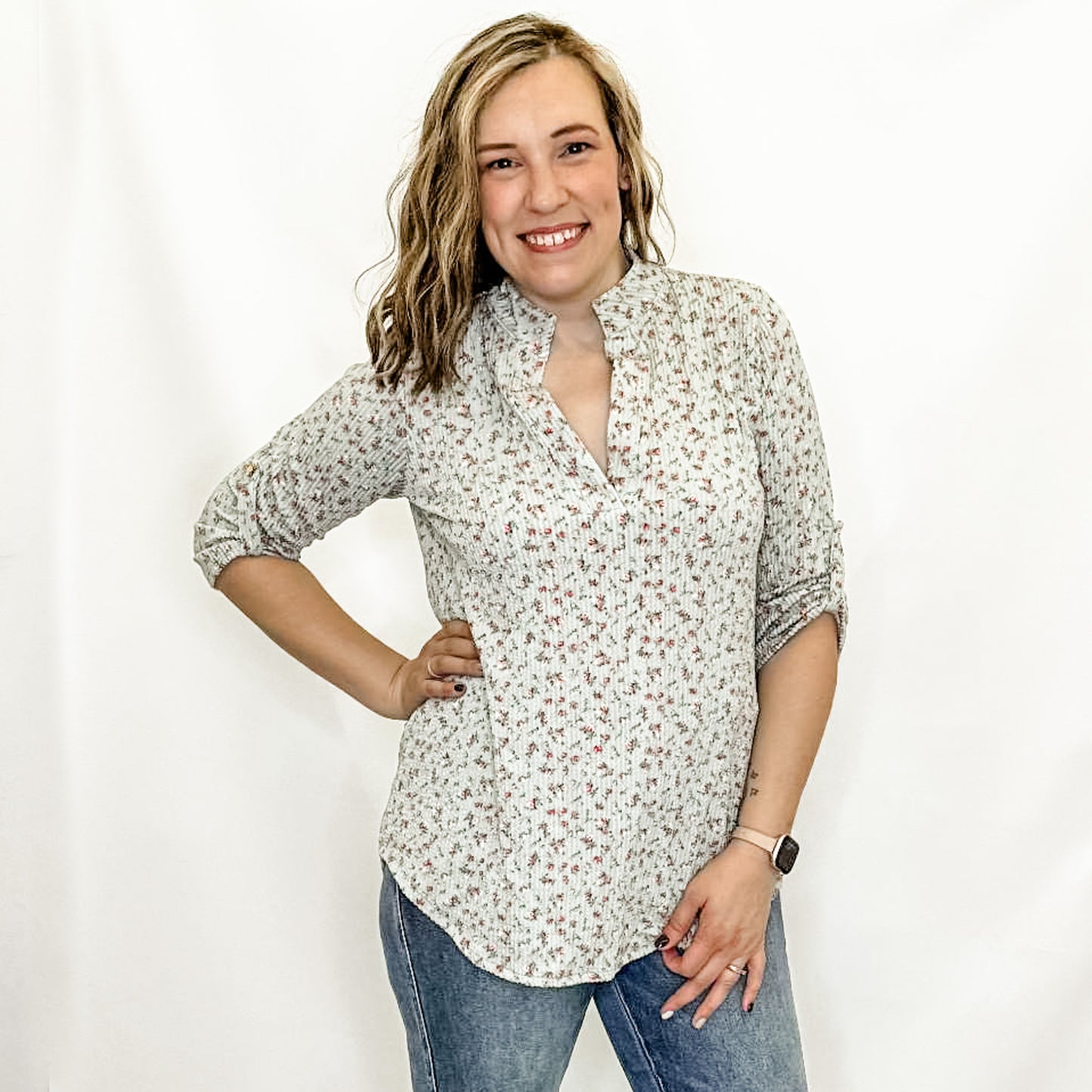 Sage & Red Floral Ribbed V-neck Long Sleeve Top