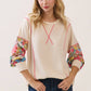 Cream & Bright Floral Contrast Sleeve Pullover Top