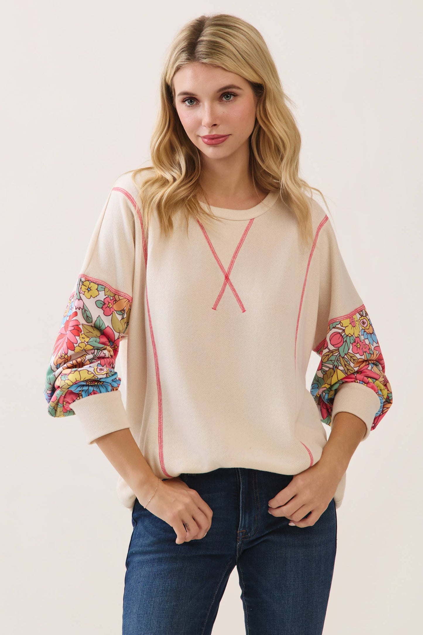 Cream & Bright Floral Contrast Sleeve Pullover Top