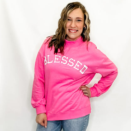 Pink Blessed Letter Embroidered Mock Neck Sweatshirt