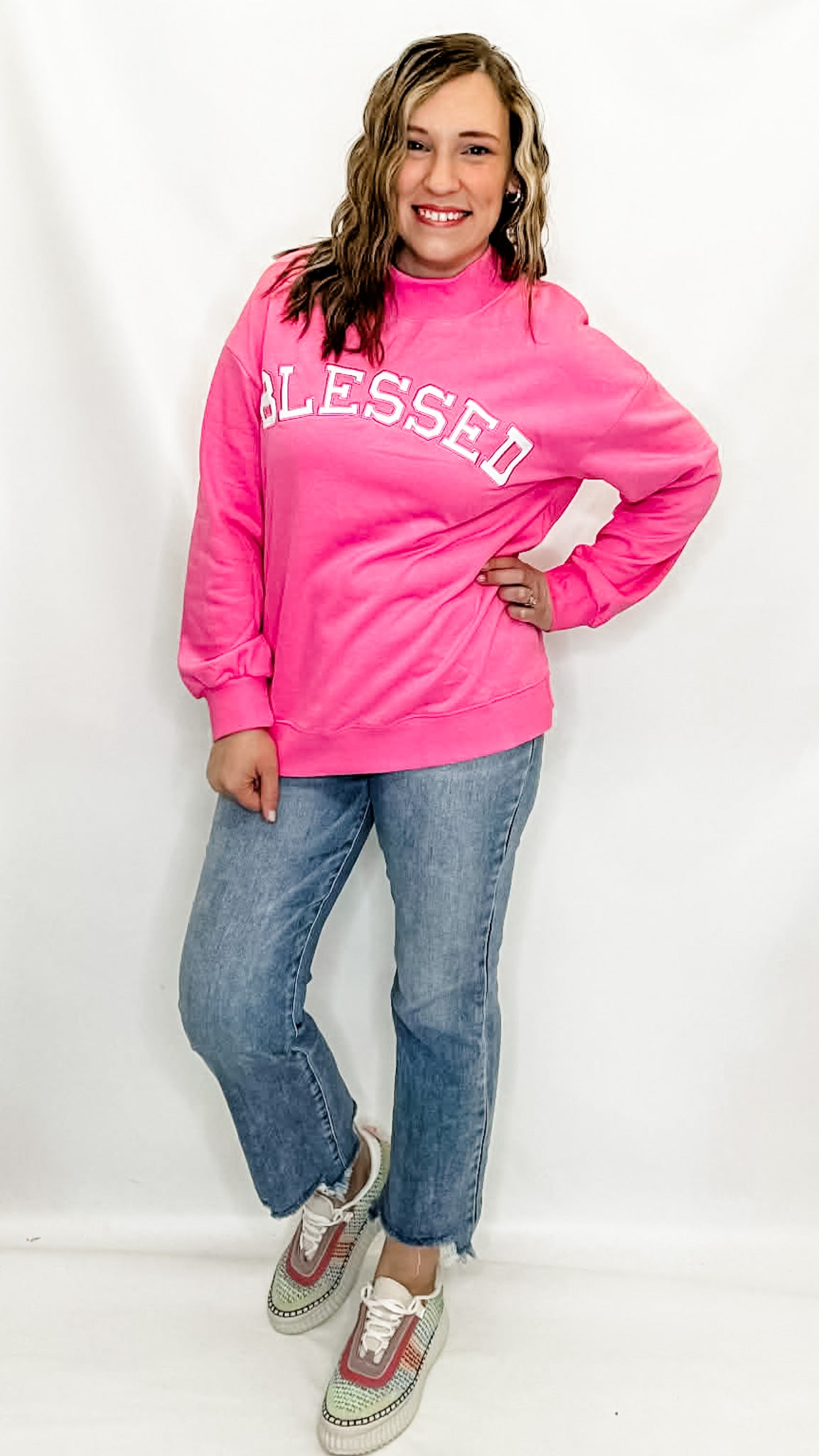 Pink Blessed Letter Embroidered Mock Neck Sweatshirt