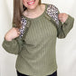 Olive Green & Leopard Print Crochet Textured Top