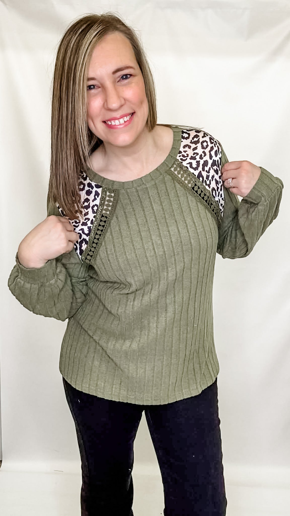 Olive Green & Leopard Print Crochet Textured Top