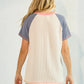 Denim Blue & White Color Block Button Front Short Sleeve