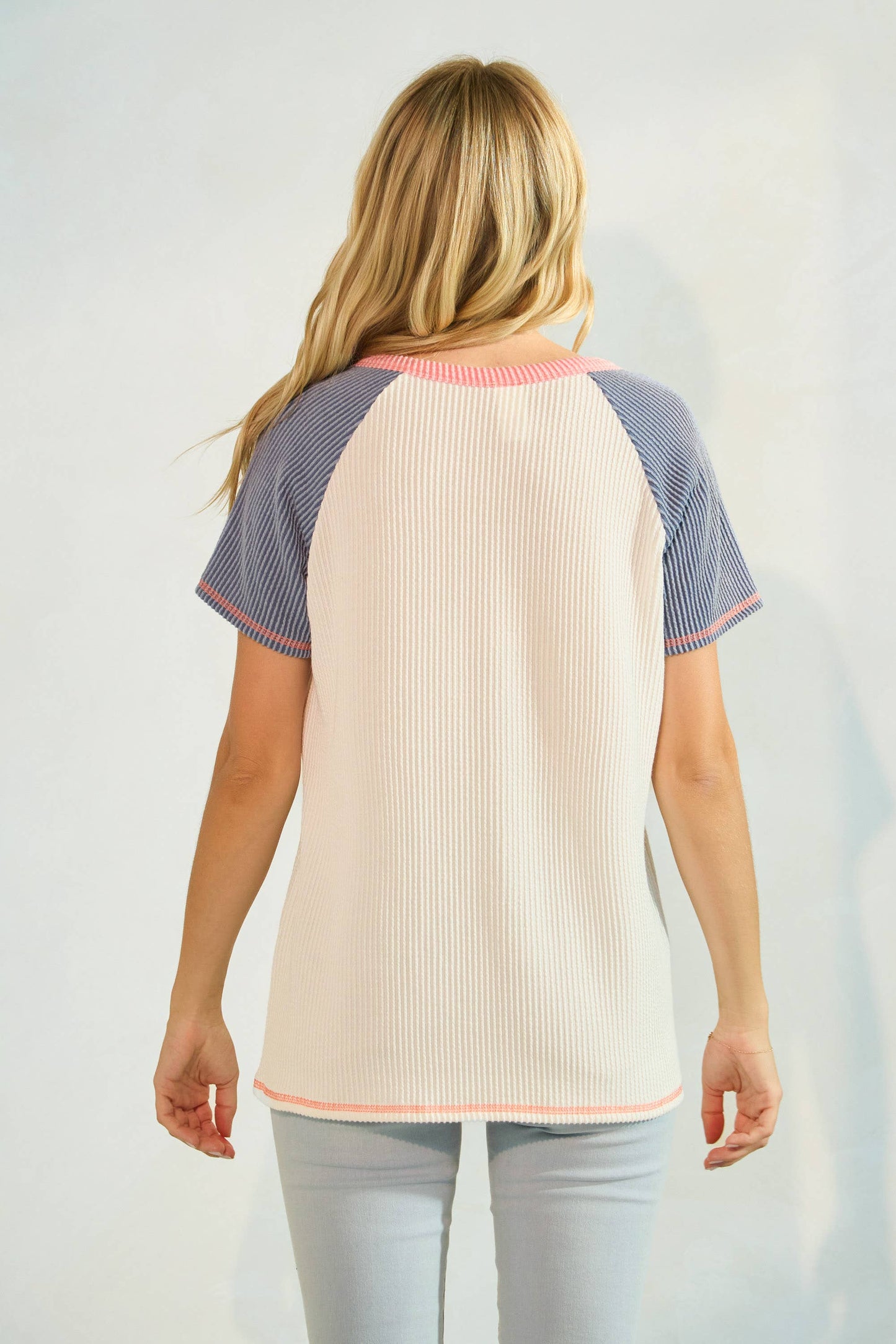 Denim Blue & White Color Block Button Front Short Sleeve