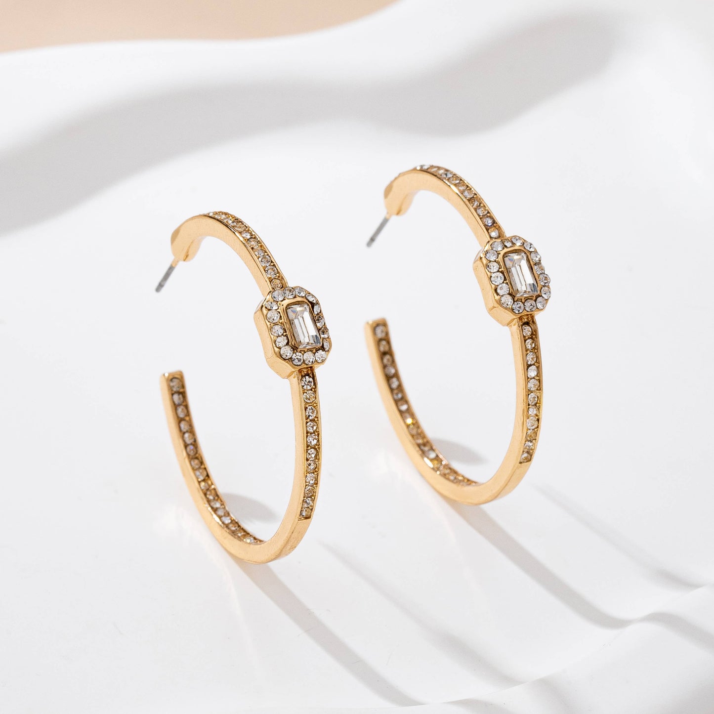 Solitaire Square Crystal Gold Hoop Earrings