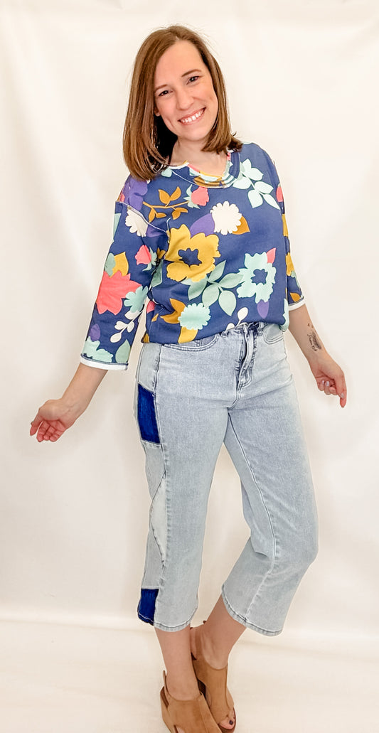 True Luxe Notched Neck Floral Print Top