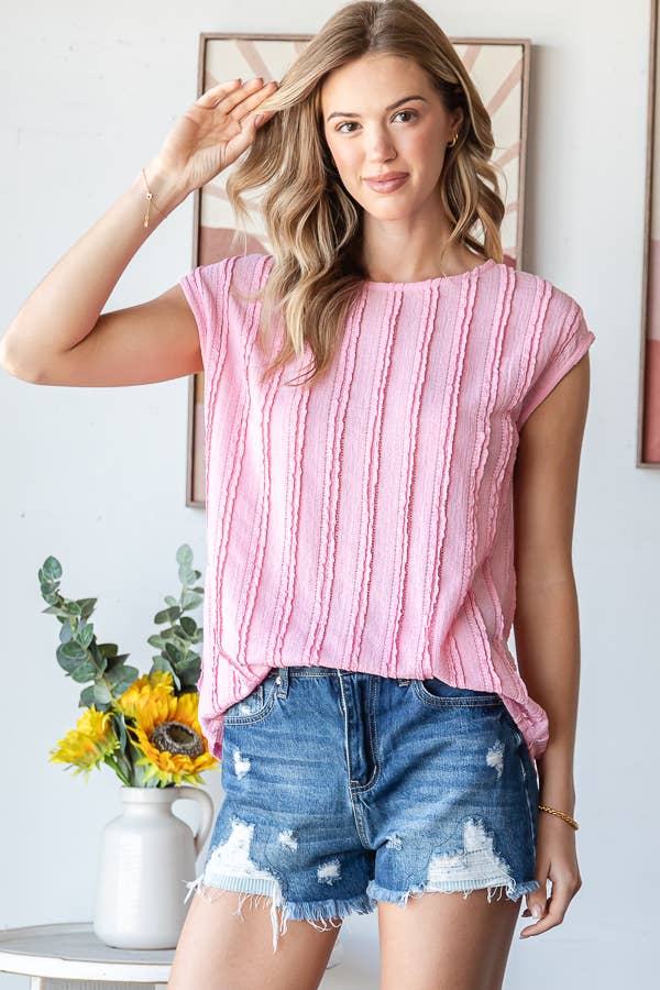 Pink Lightweight Stripe Textured Cap Sleeve Blouse
