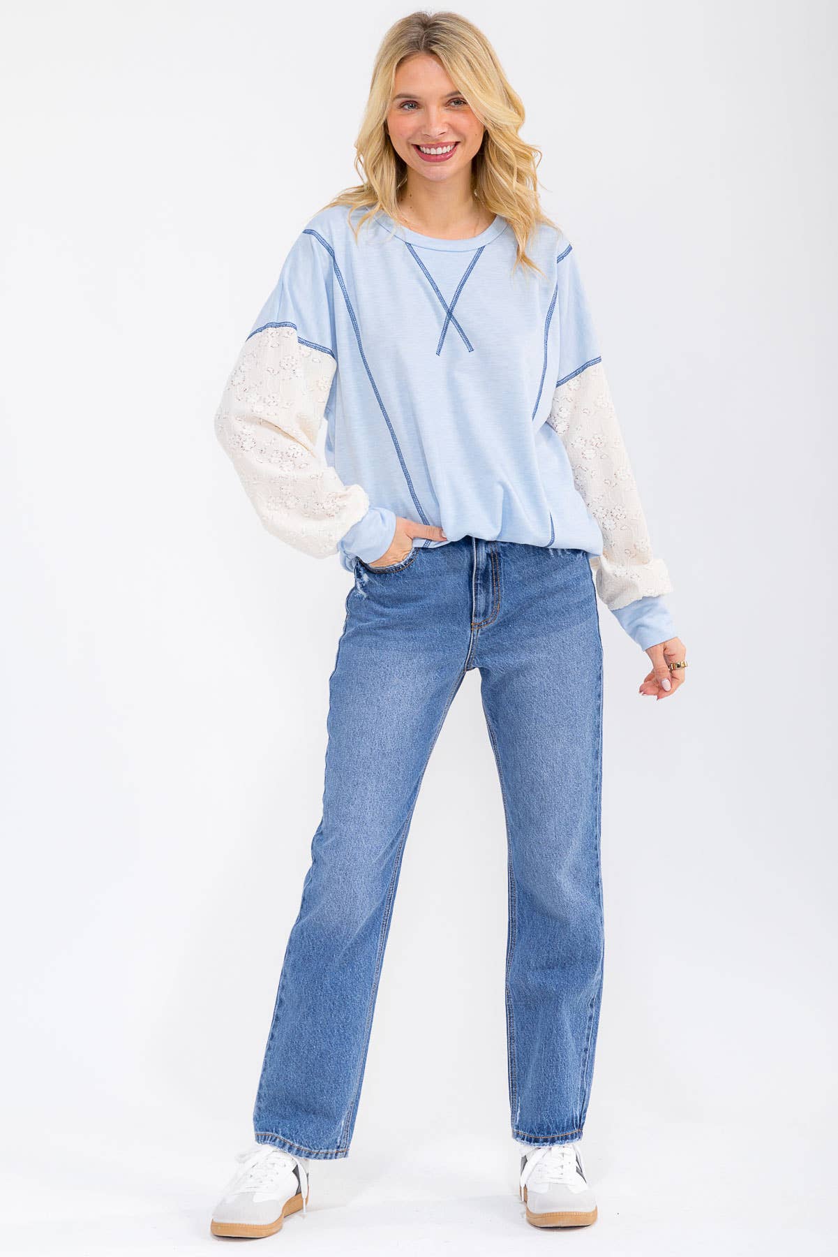 Light Blue Contrast Lace Sleeve Pullover Top