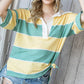 7th Ray - Oversized Striped Collar Split Neck Short Sleeve Top T4061