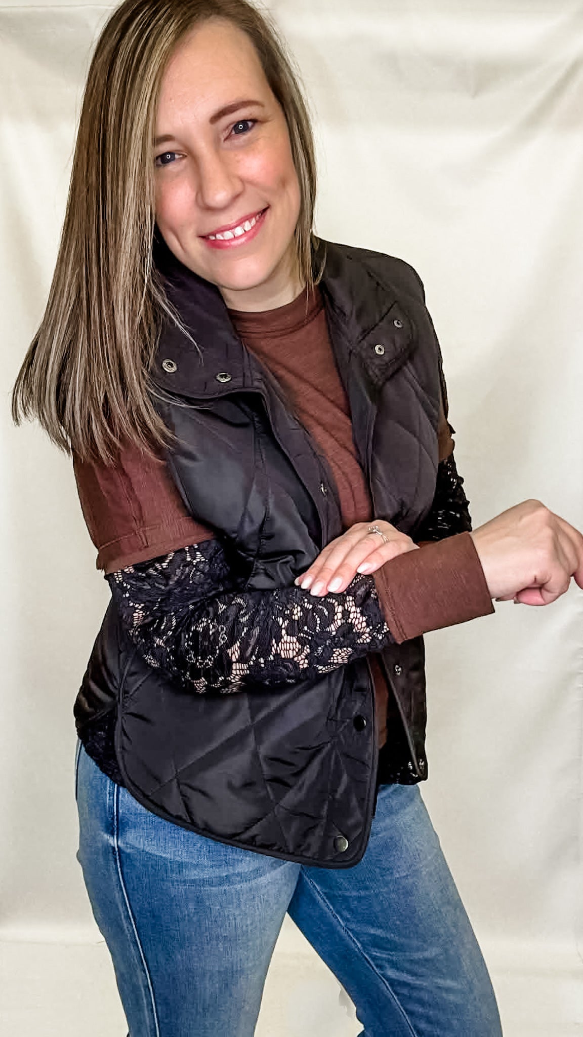 Dark Brown & Black Lace Long Sleeve Top