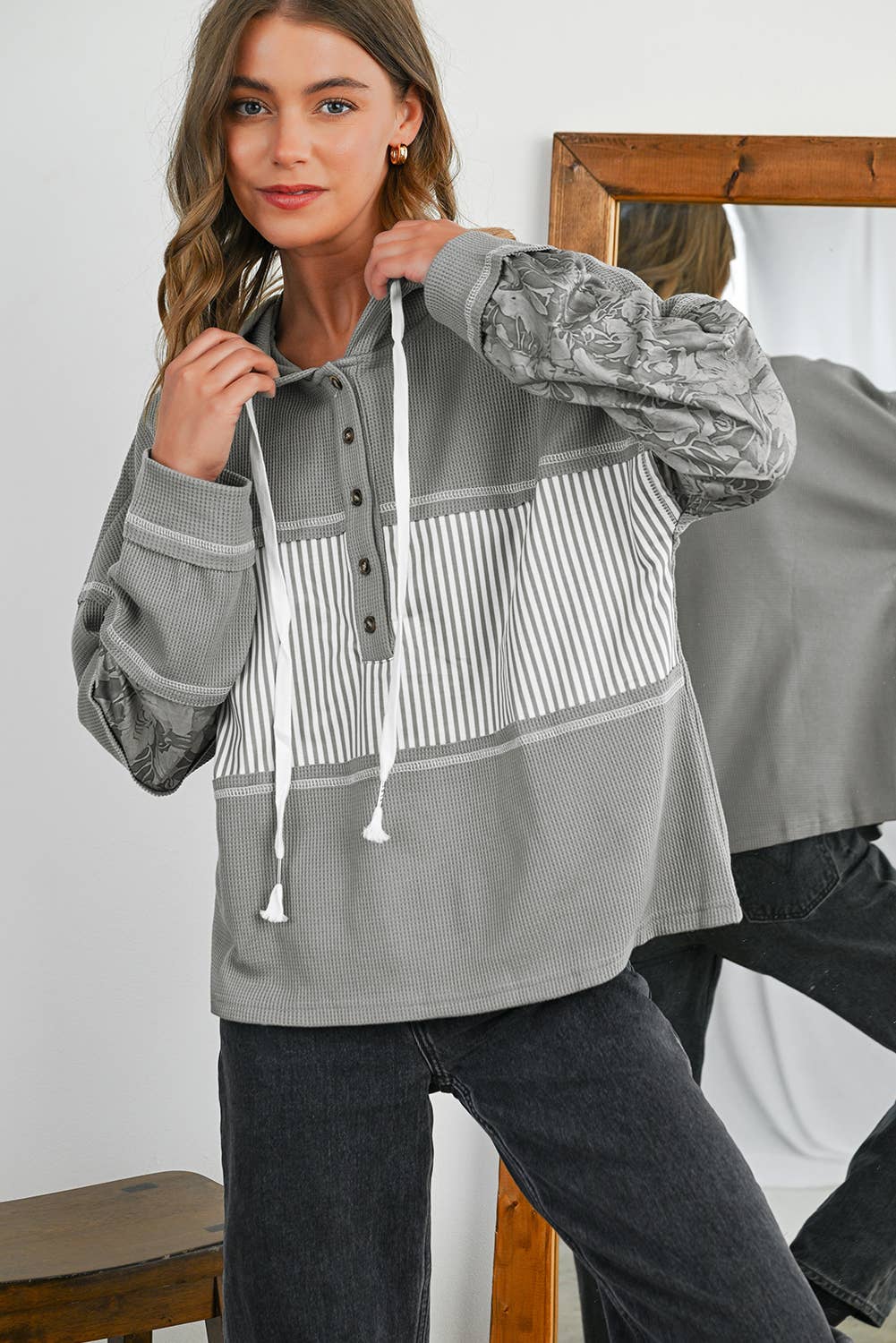 Olive Gray Striped Waffle & Print Front Hoodie