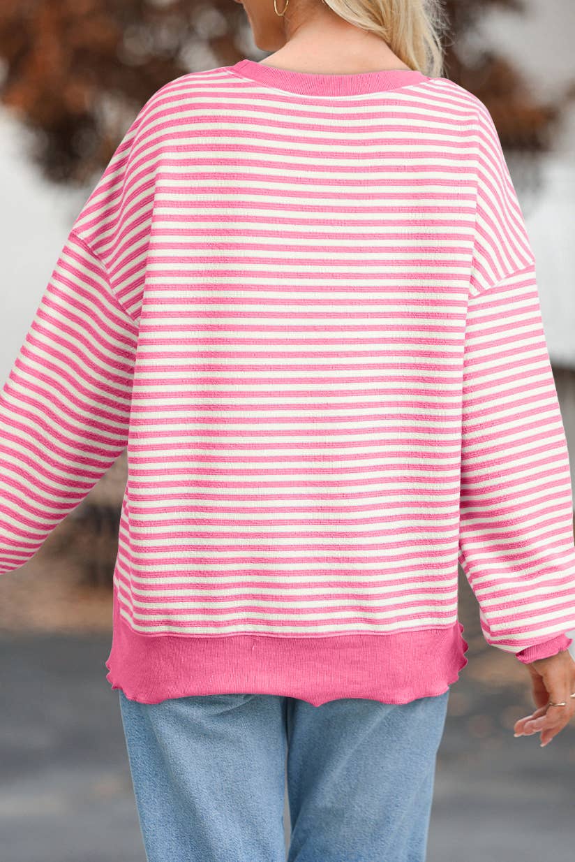 Pink Striped Textured Loose Fit Long Sleeve Top