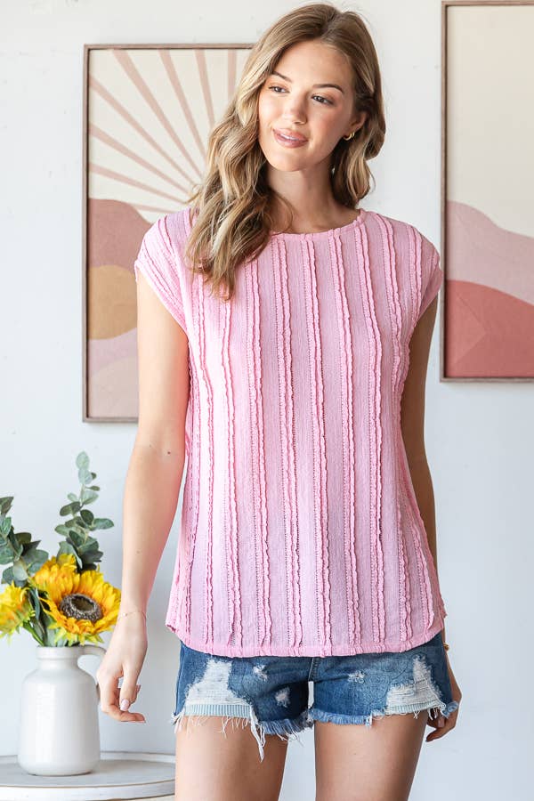 Pink Lightweight Stripe Textured Cap Sleeve Blouse