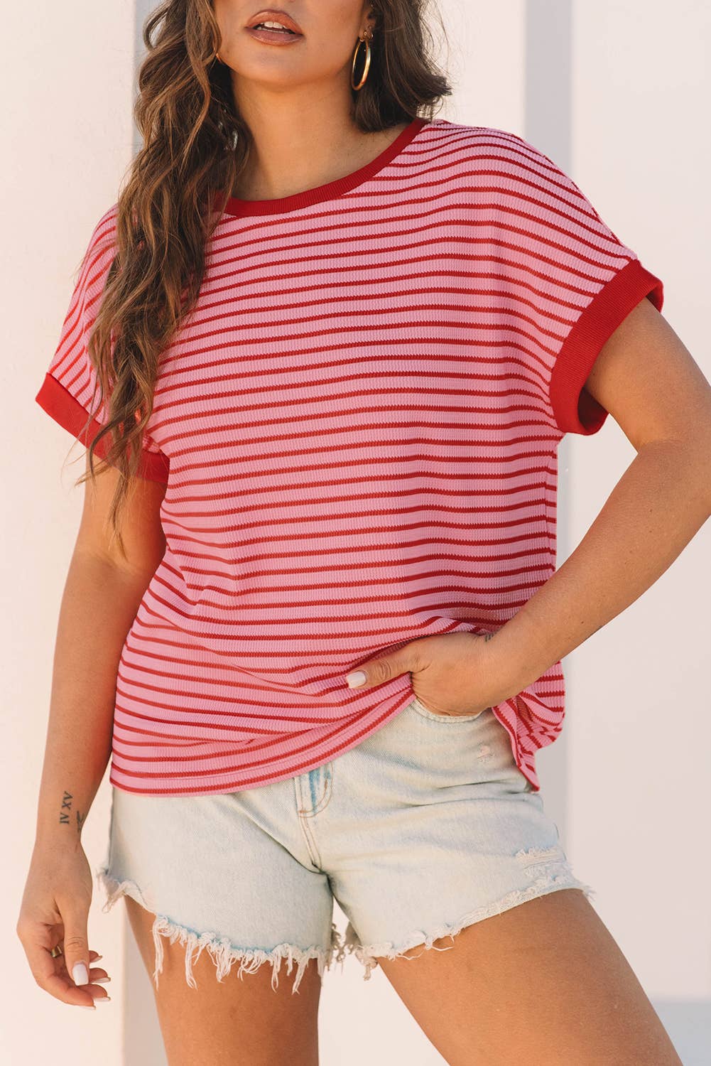 Red & Pink Stripe Knitted Short Sleeve Top