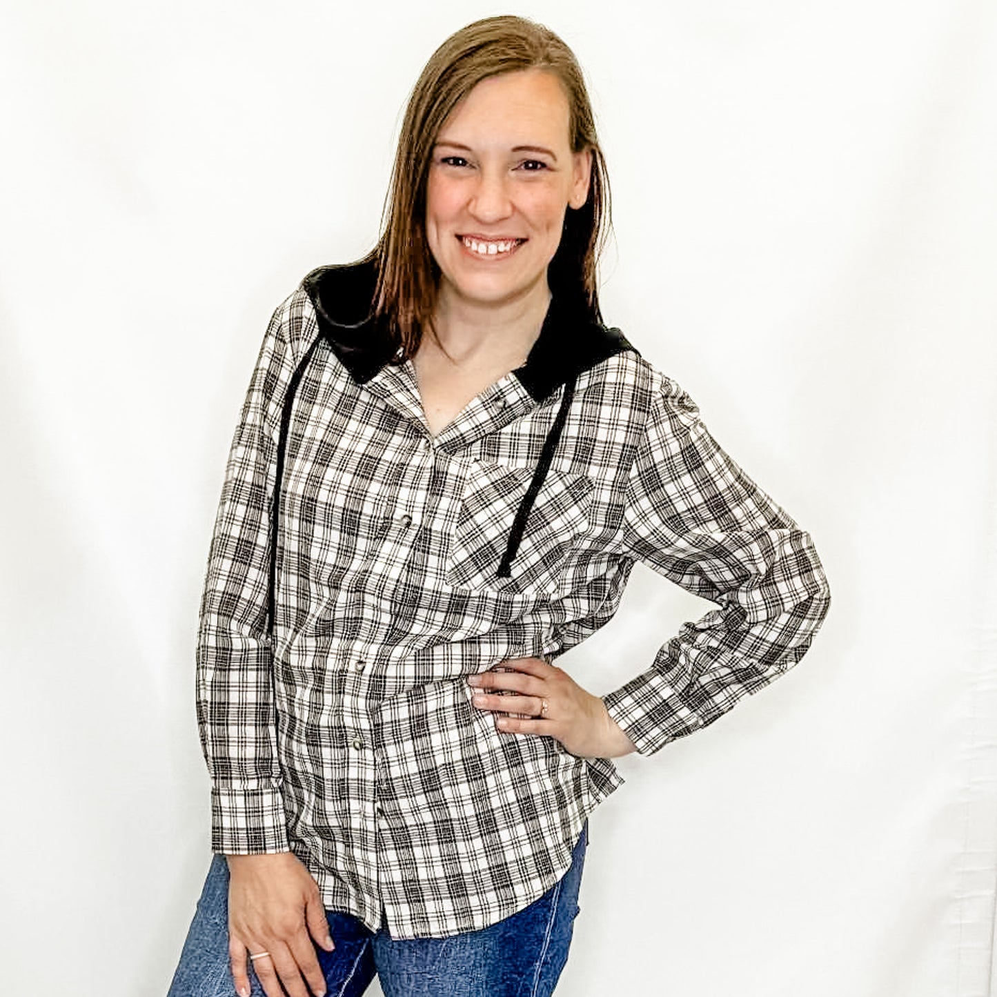 Black & Tan Plaid Hooded Shirt