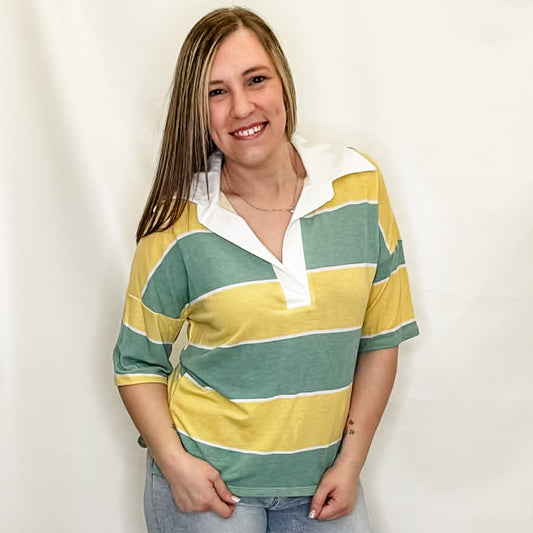 7th Ray - Oversized Striped Collar Split Neck Short Sleeve Top T4061