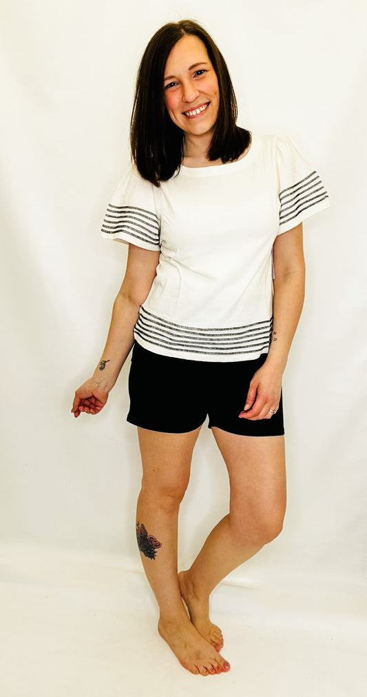 Tribal Ivory Boat Neck Top with Contract Stitching