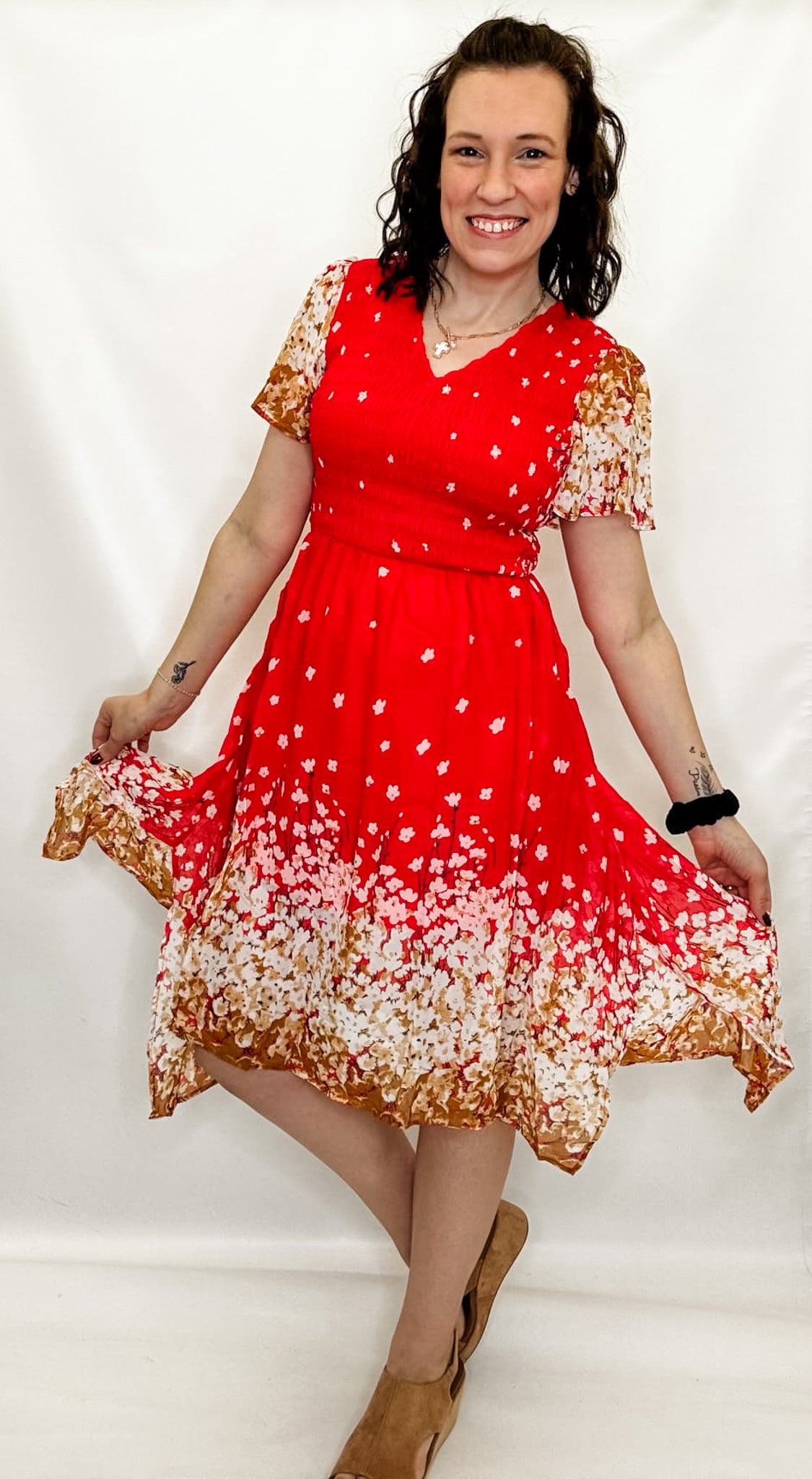 Coral Floral Print Smocked Dress with Lining