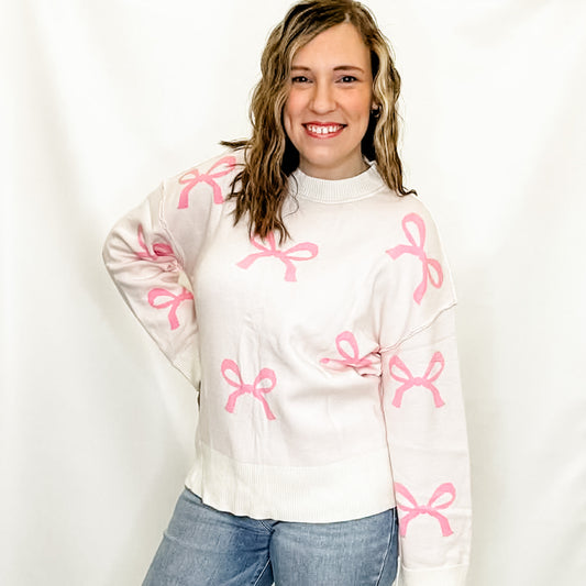 White Lovely Bow Knot Ribbed Detail Sweater
