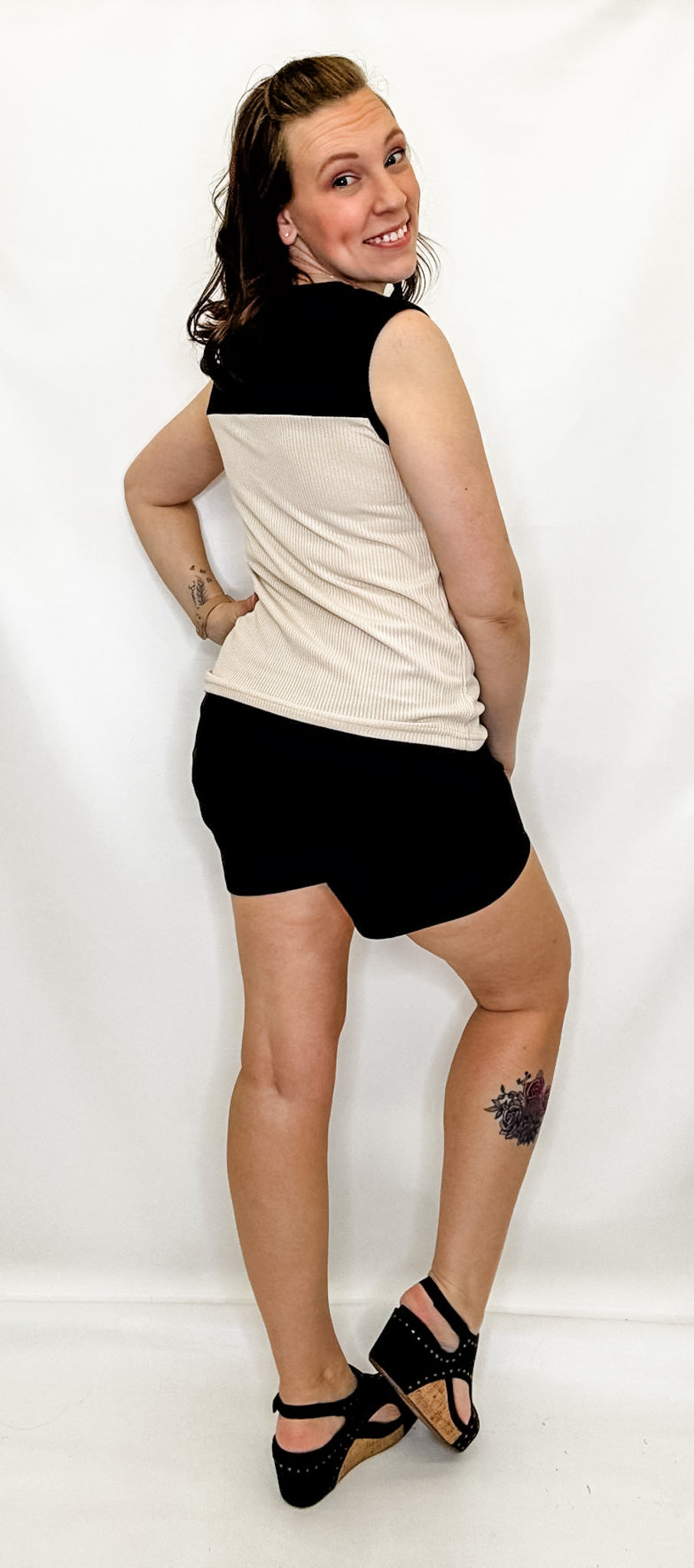 Black & Beige Color Block Ribbed Tank