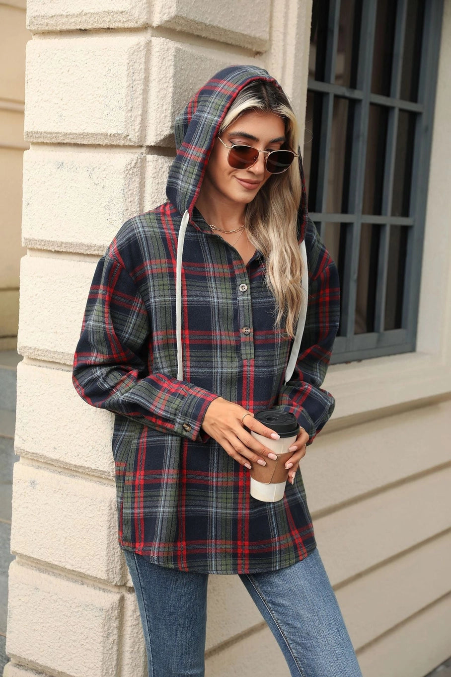 Navy, Green & Red Plaid Hooded Shirt