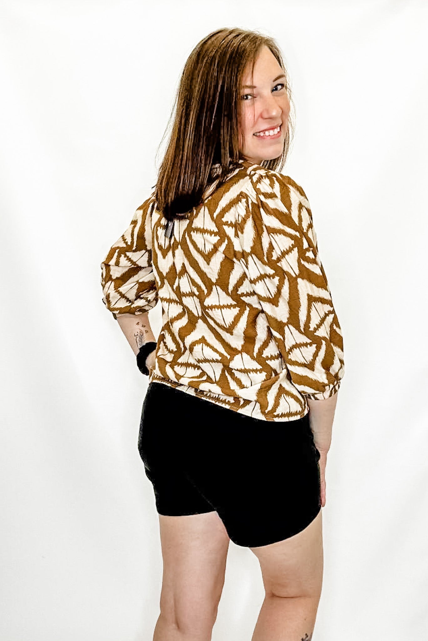 Olive or Brown Tribal Print V-Neck Blouse