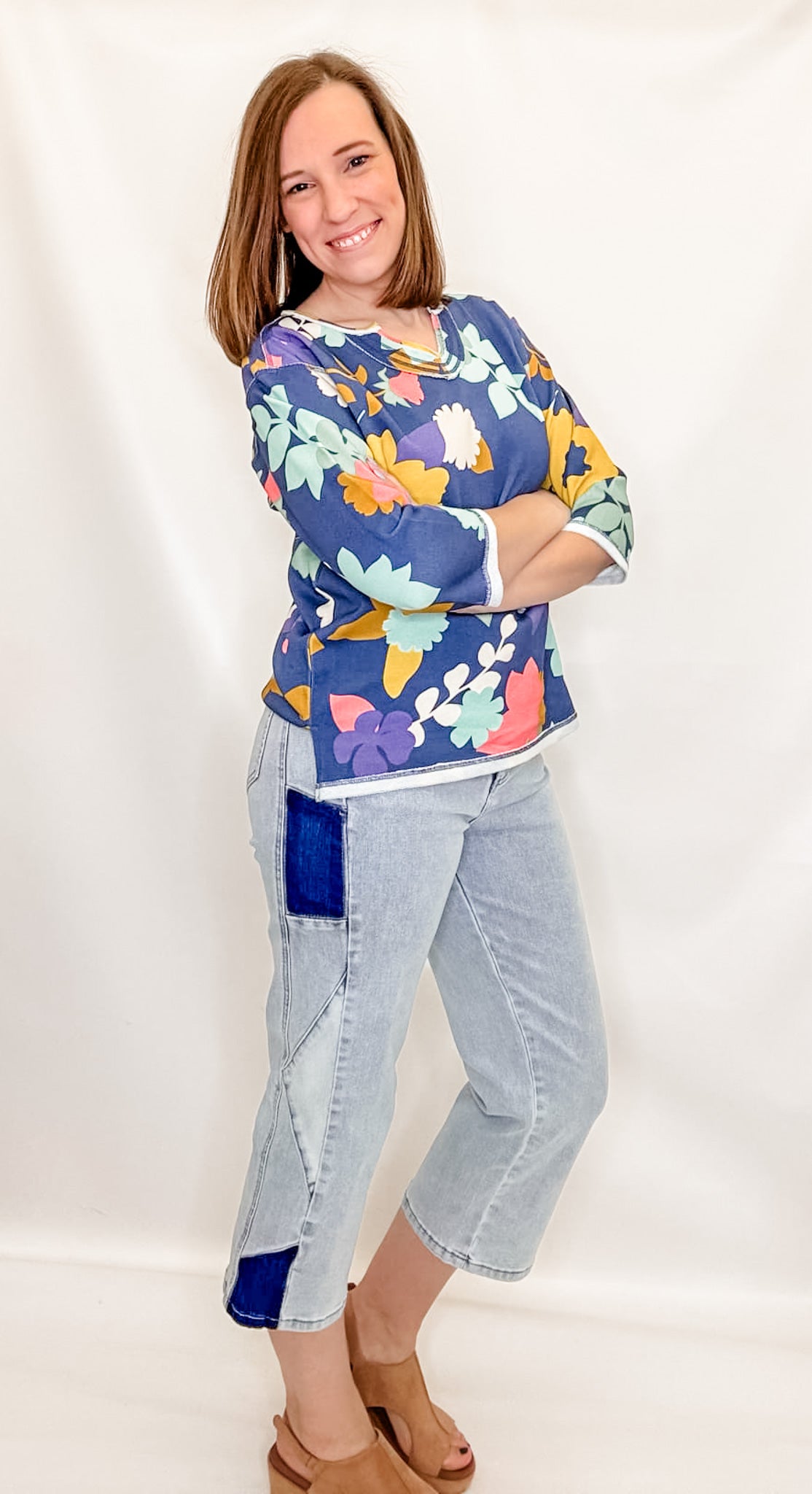 True Luxe Notched Neck Floral Print Top