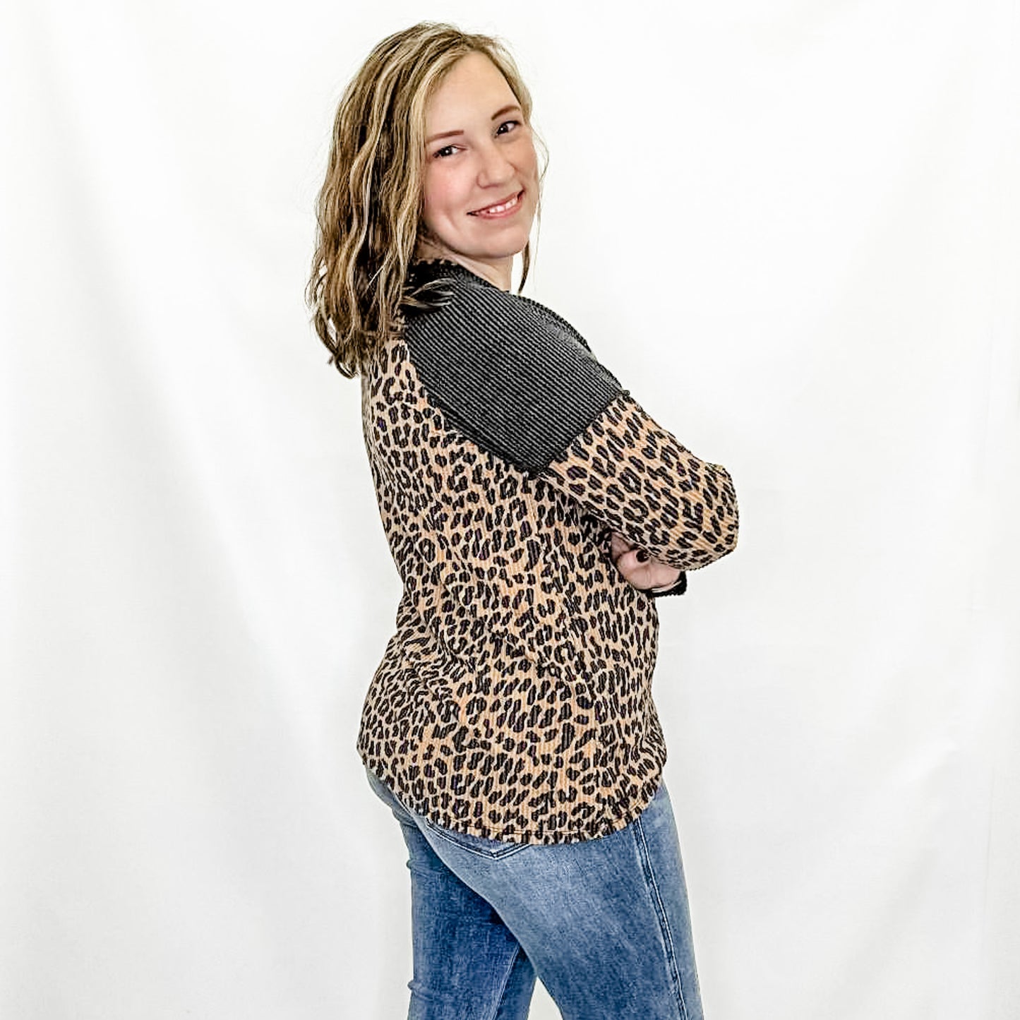 Camel Leopard & Charcoal Ribbed Long Sleeve Top