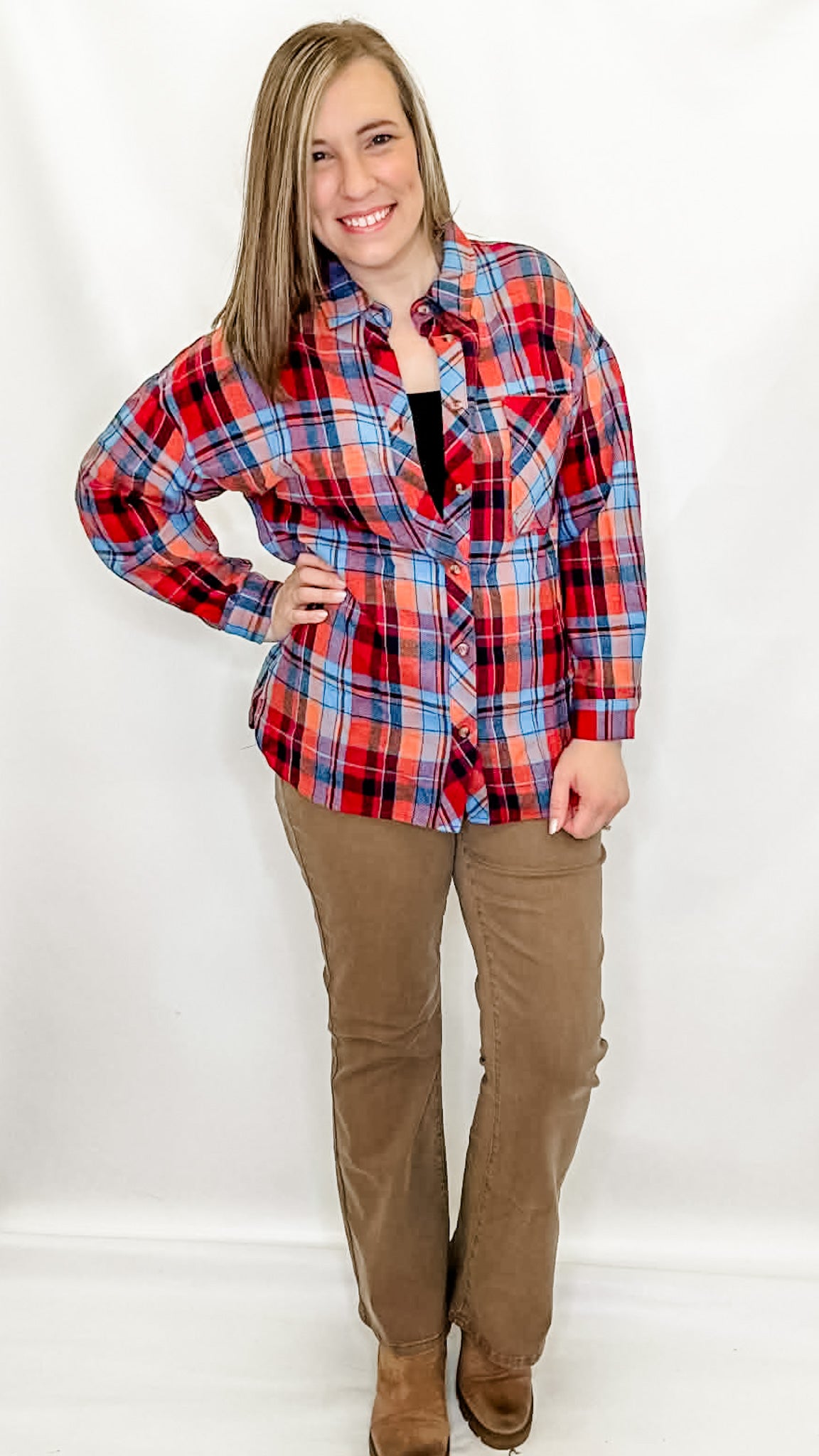 Red, Blue & Orange Plaid Button Up Top