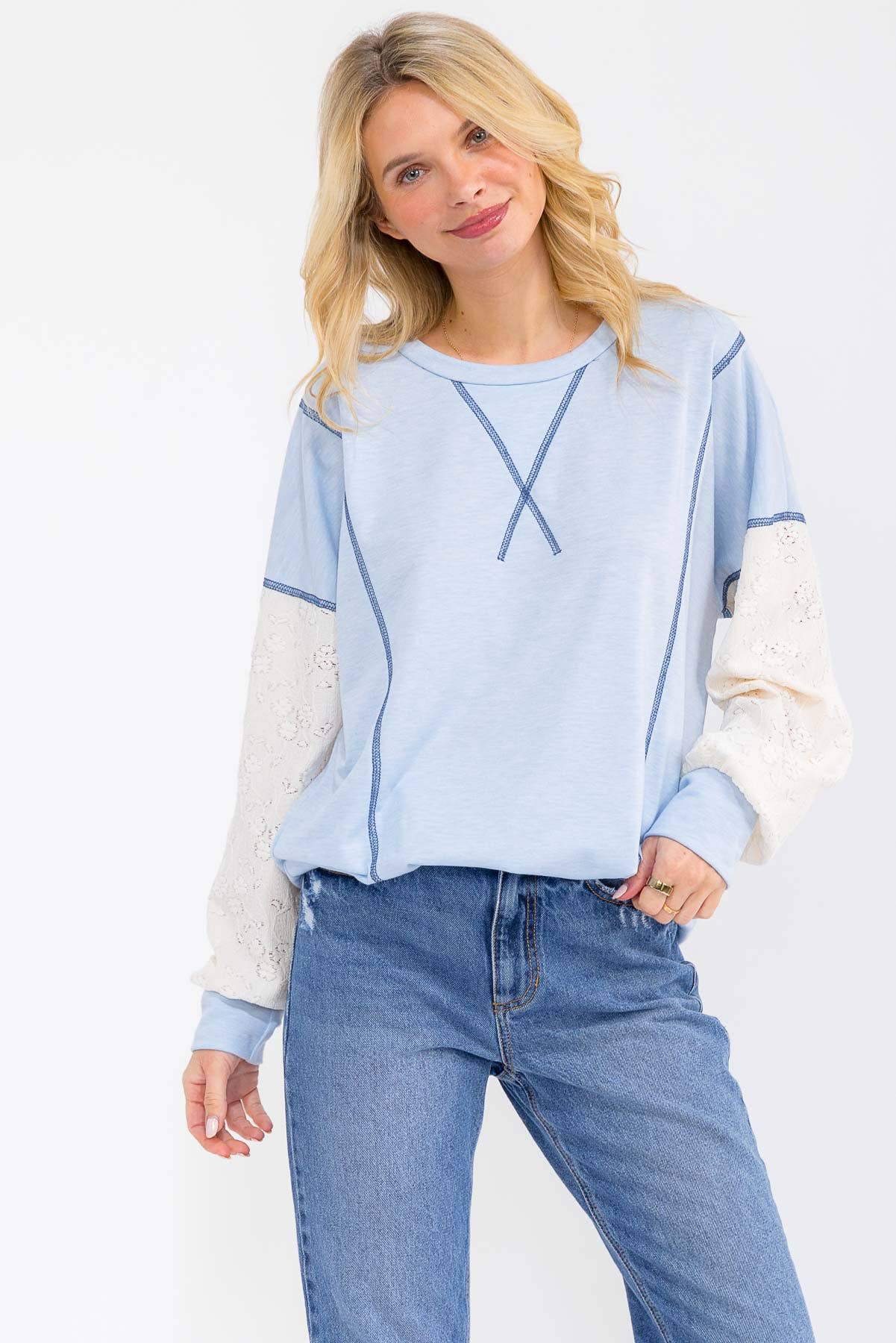 Light Blue Contrast Lace Sleeve Pullover Top