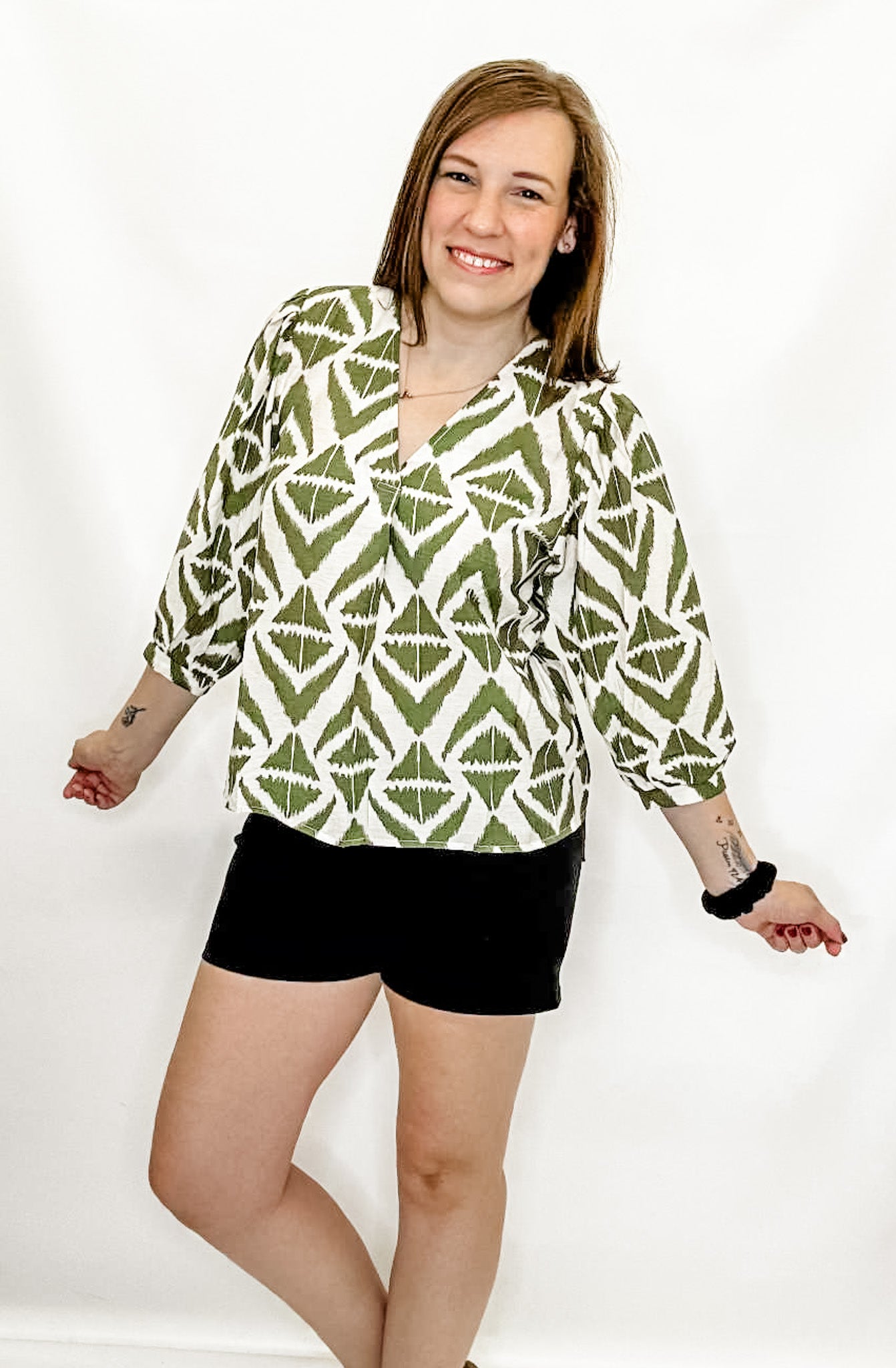 Olive or Brown Tribal Print V-Neck Blouse