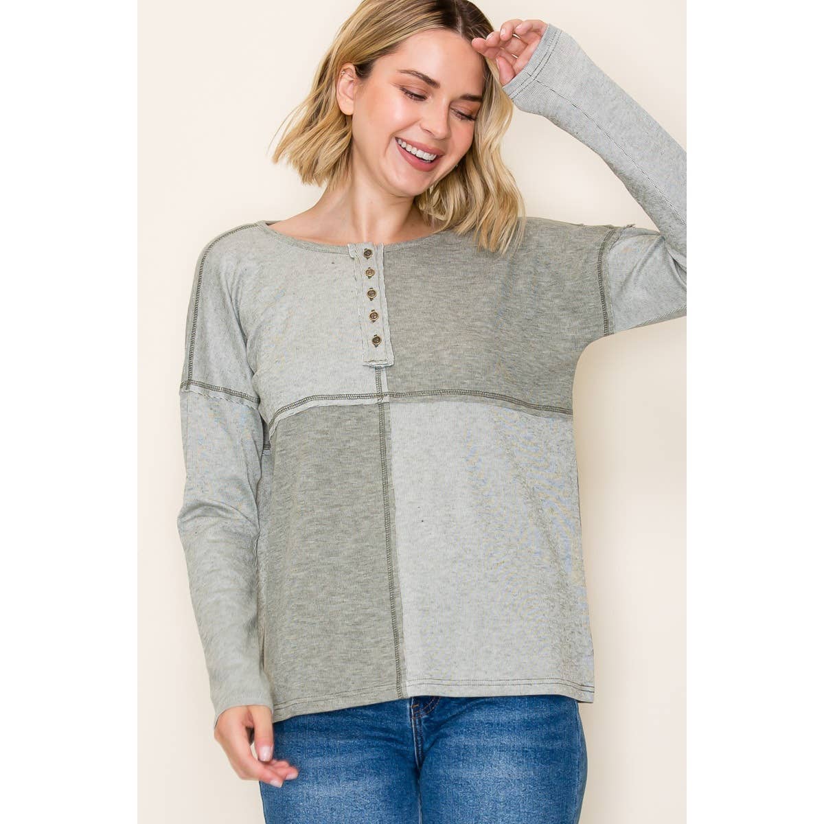 Olive Half Button Color Block Top