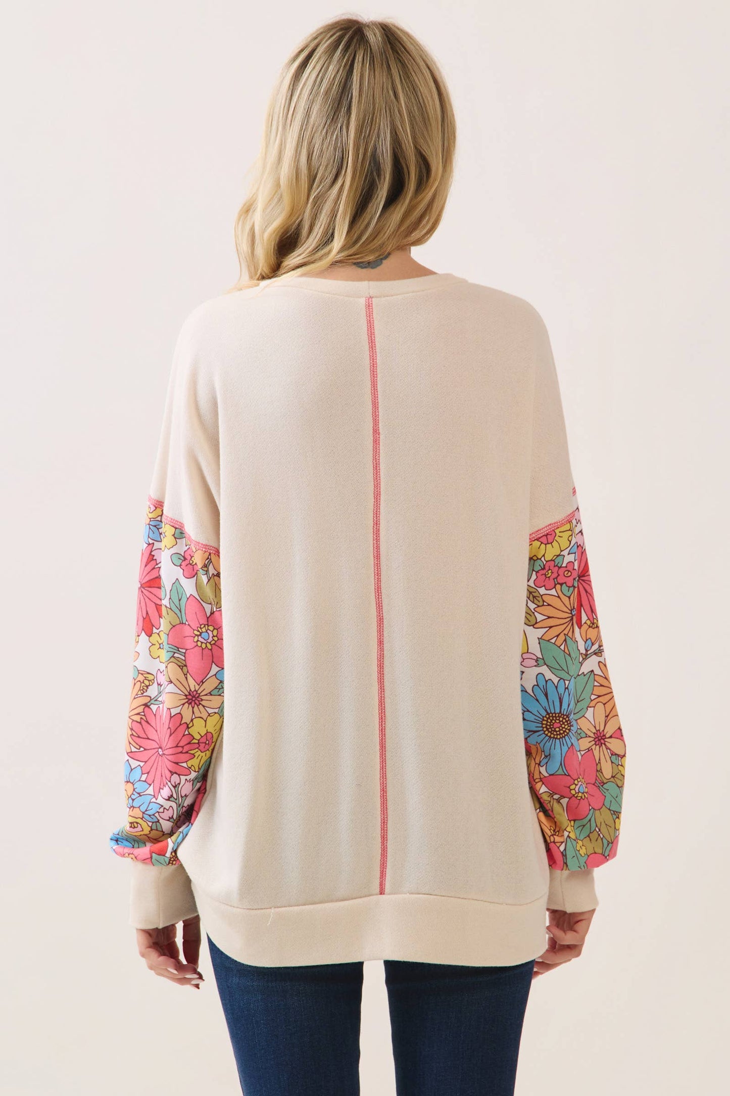 Cream & Bright Floral Contrast Sleeve Pullover Top