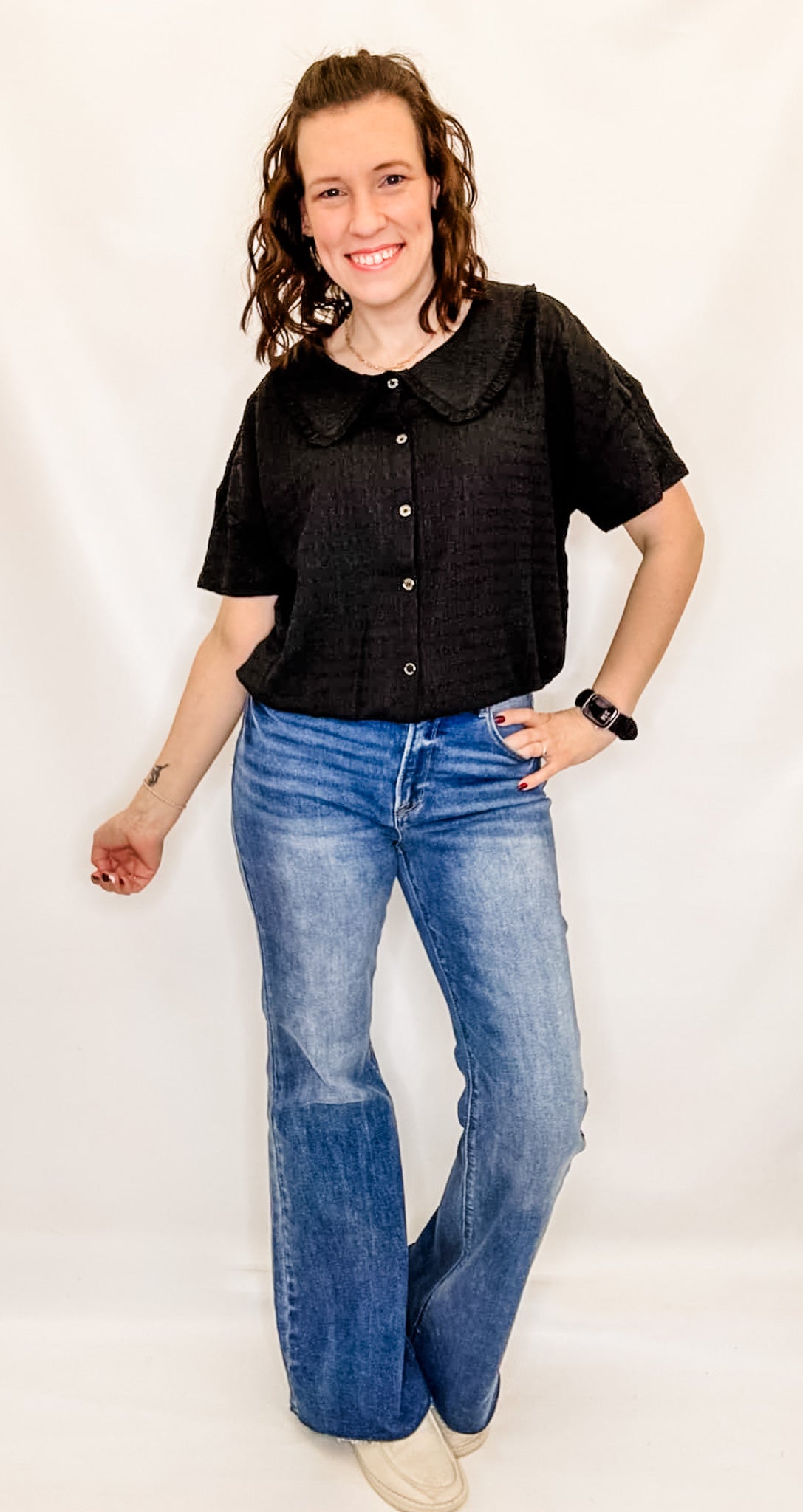 Peter Pan Collar Textured Knit Button Top - Variety