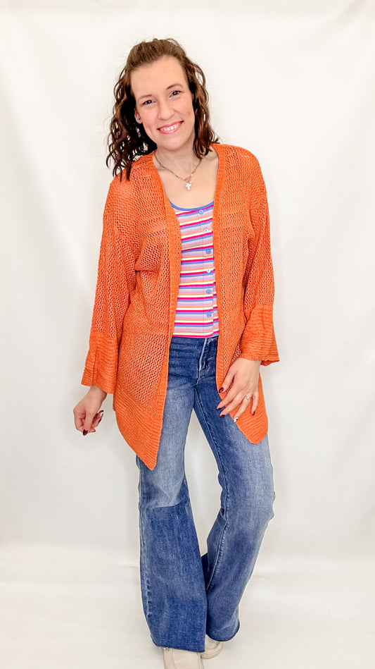 Dusty Orange Mesh Open Front Cardigan