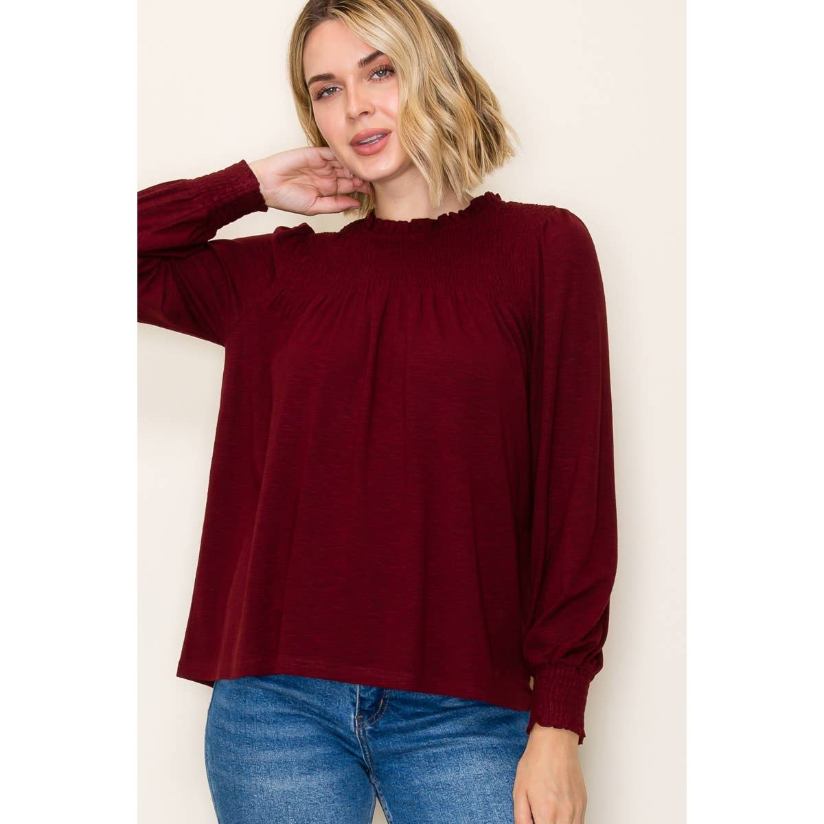 Burgundy Ruffle Smocked Long Sleeve Top