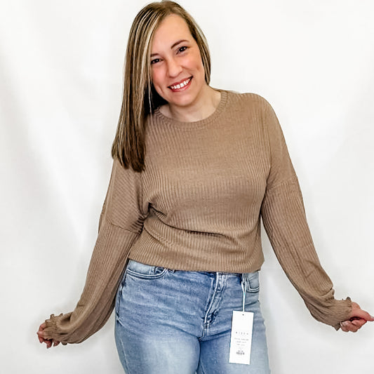 Khaki Long Sleeve Shirt with Smocked Sleeves