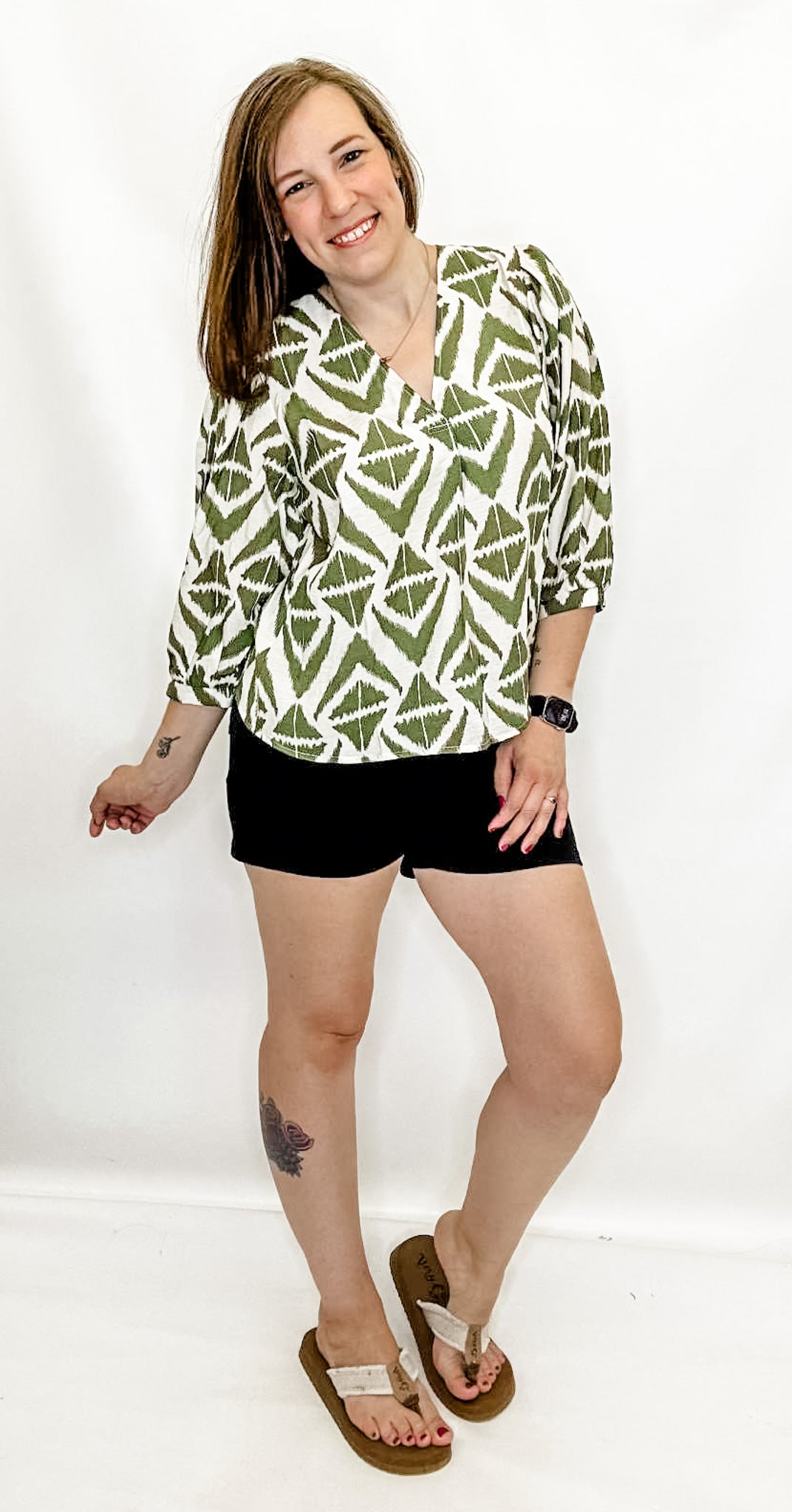 Olive or Brown Tribal Print V-Neck Blouse