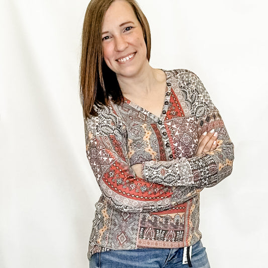 Rust Printed V-Neck Long Sleeve