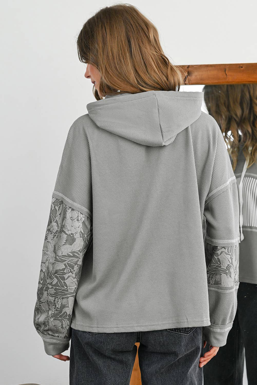 Olive Gray Striped Waffle & Print Front Hoodie