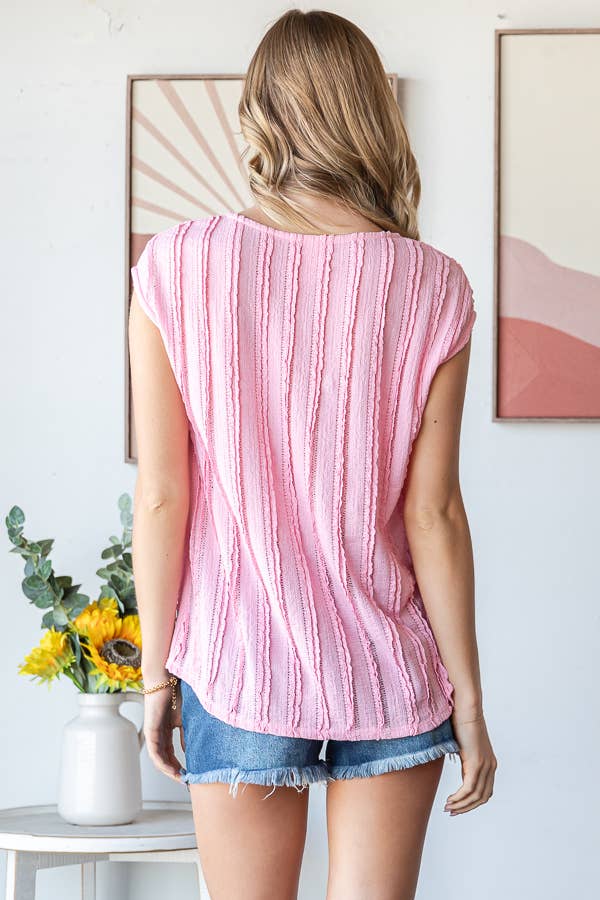 Pink Lightweight Stripe Textured Cap Sleeve Blouse