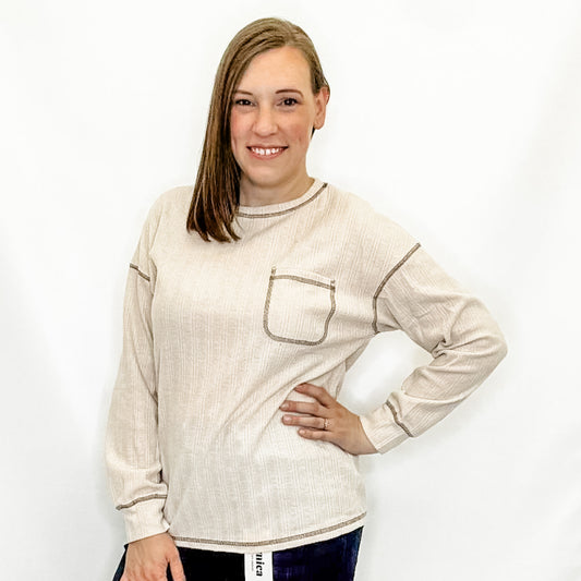 Cream & Brown Stitched Pocket Long Sleeve