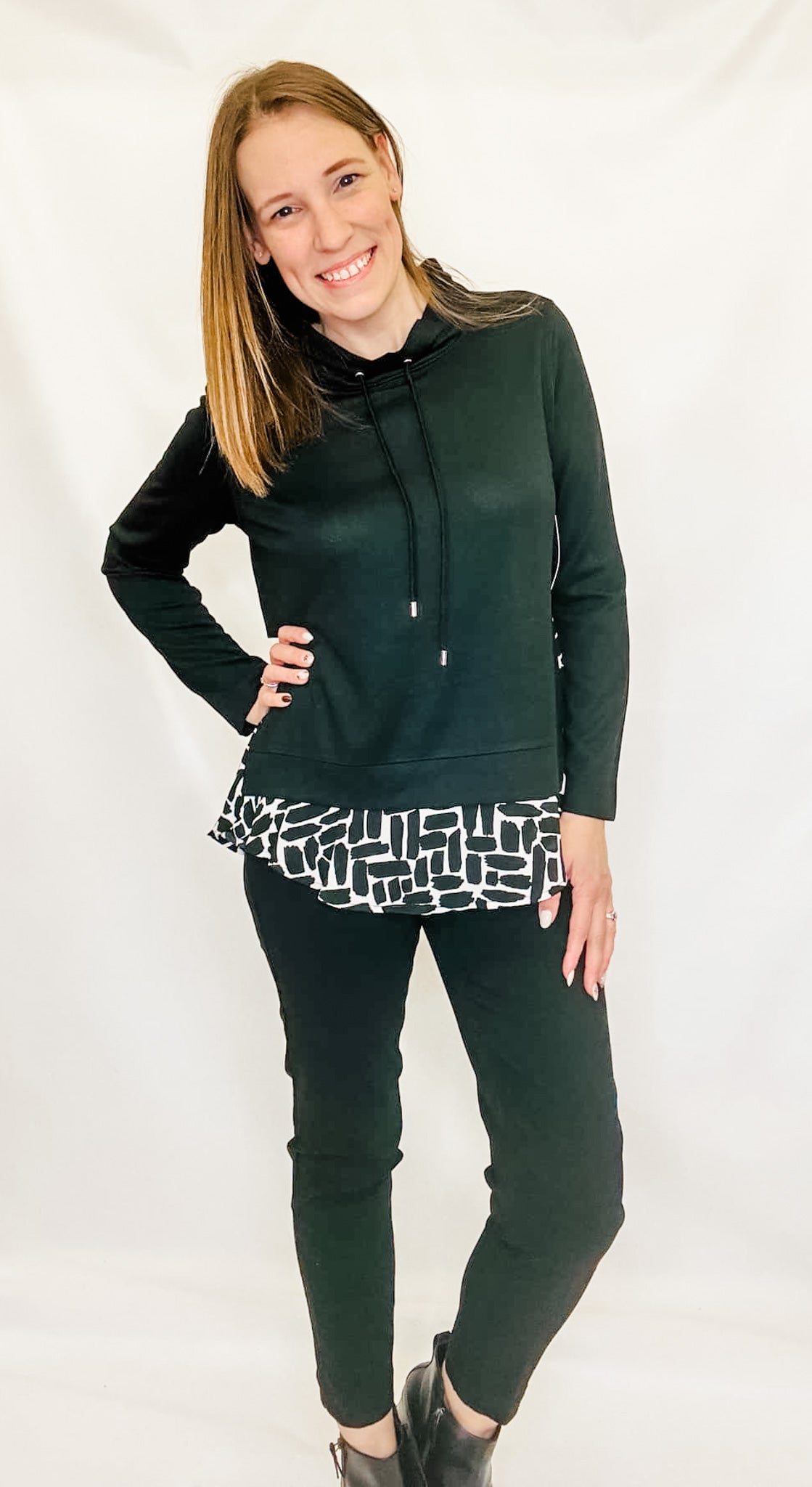 Multiples Black & White Cowl Neck with Layer